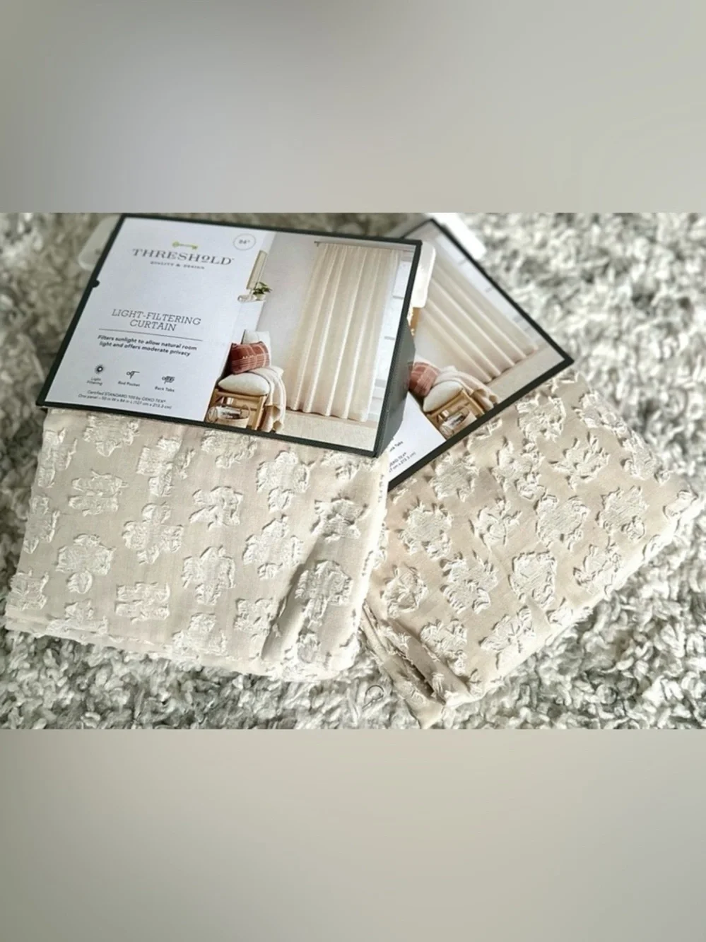 Threshold Light Filtering Jacquard Floral Curtain Panels Ivory Set of 2